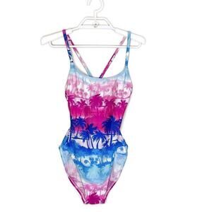 Vtg CATALINA Womens 80s 90s Pink Purple Palm Tree High‎ Cut One Piece Swimsuit S